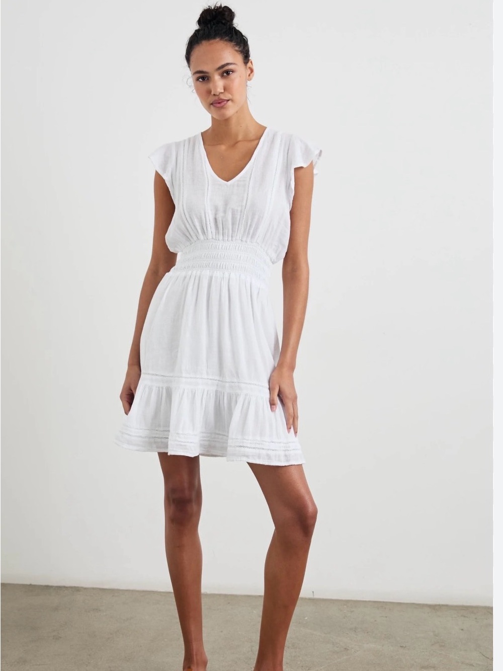 Rails Tara White Smocked-Waist V-Neck Mini Dress